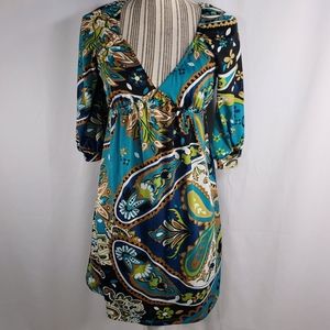 Alyn Paige New York Multicolored Mod Pattern 3/4 Sleeve V Neck Dress Size Small